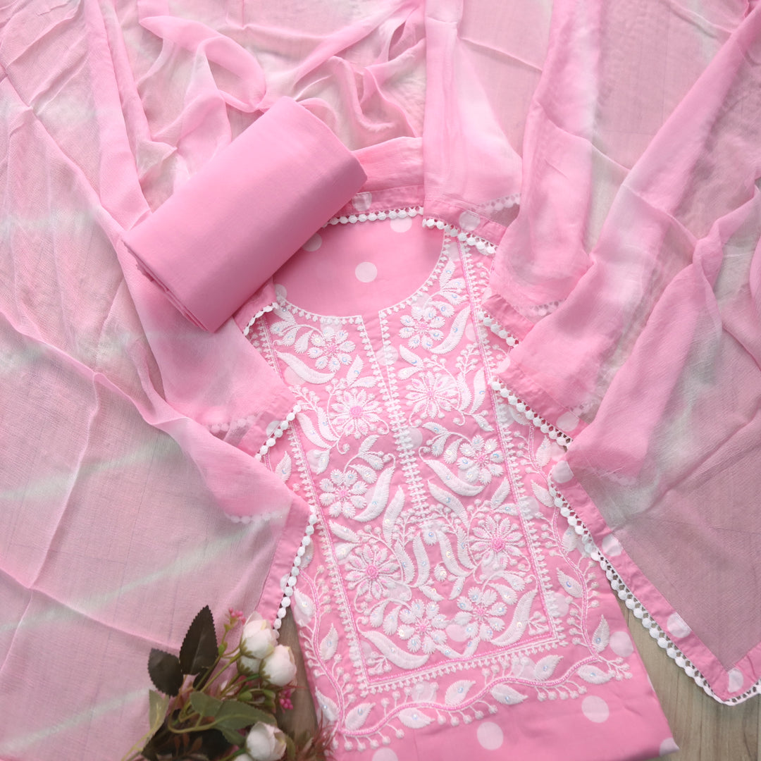 Apurav Baby Pink Chikankari inspired with Kardana Work Cotton Suit Set