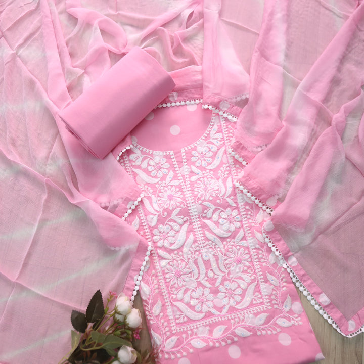 Apurav Baby Pink Chikankari inspired with Kardana Work Cotton Suit Set