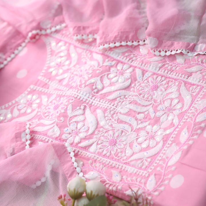 Apurav Baby Pink Chikankari inspired with Kardana Work Cotton Suit Set