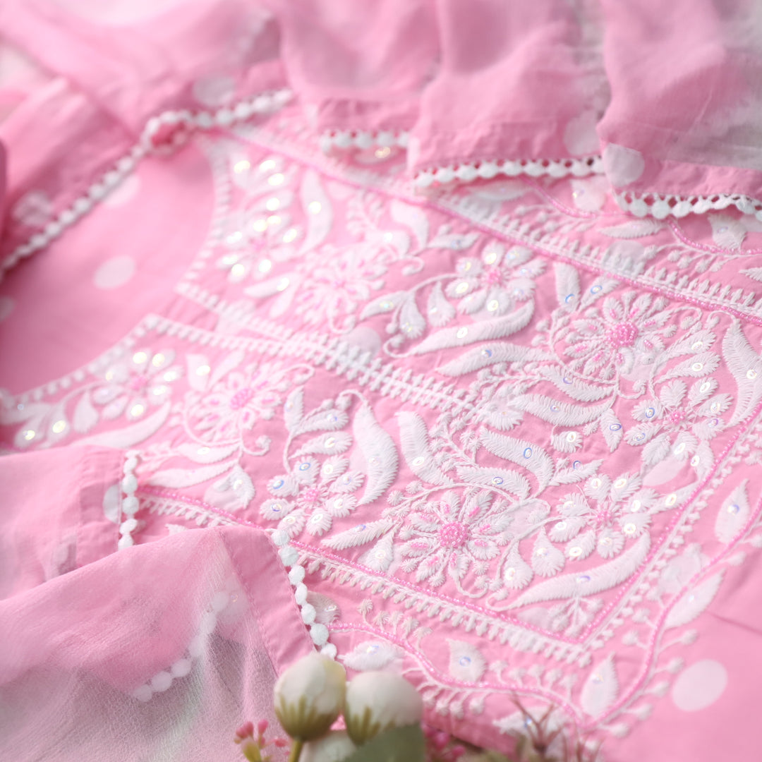 Apurav Baby Pink Chikankari inspired with Kardana Work Cotton Suit Set