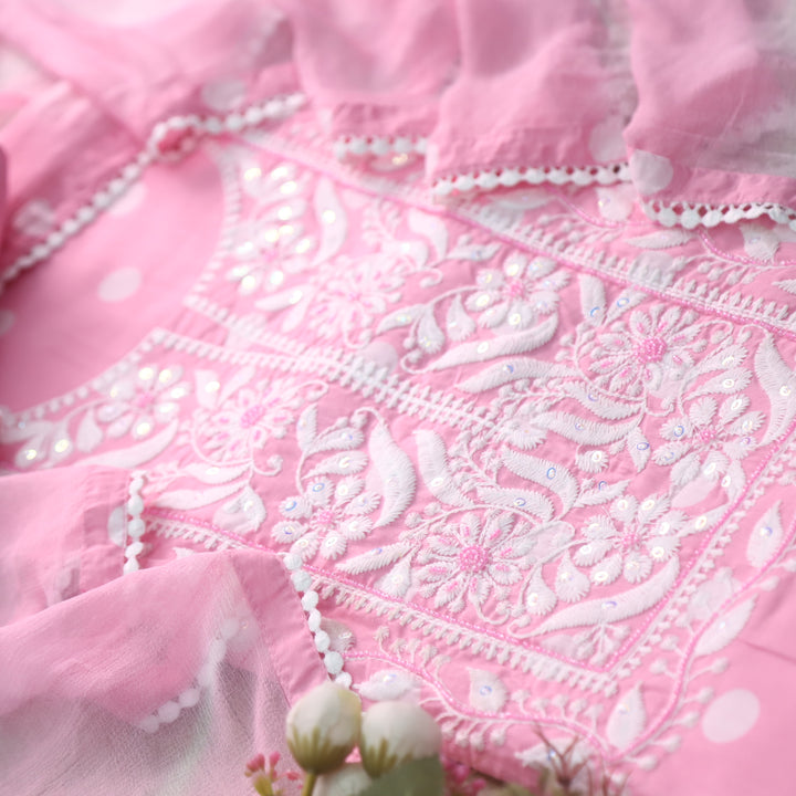 Apurav Baby Pink Chikankari inspired with Kardana Work Cotton Suit Set