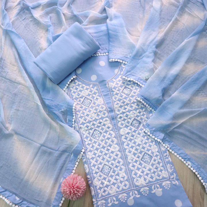 Apurav Cobalt Blue Chikankari inspired with Kardana Work Cotton Suit Set
