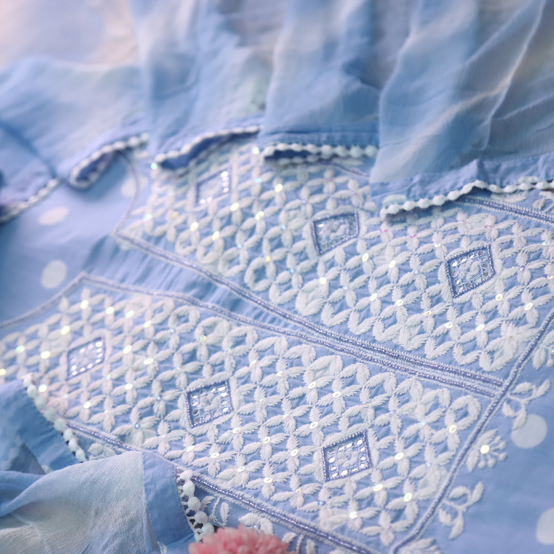 Apurav Cobalt Blue Chikankari inspired with Kardana Work Cotton Suit Set