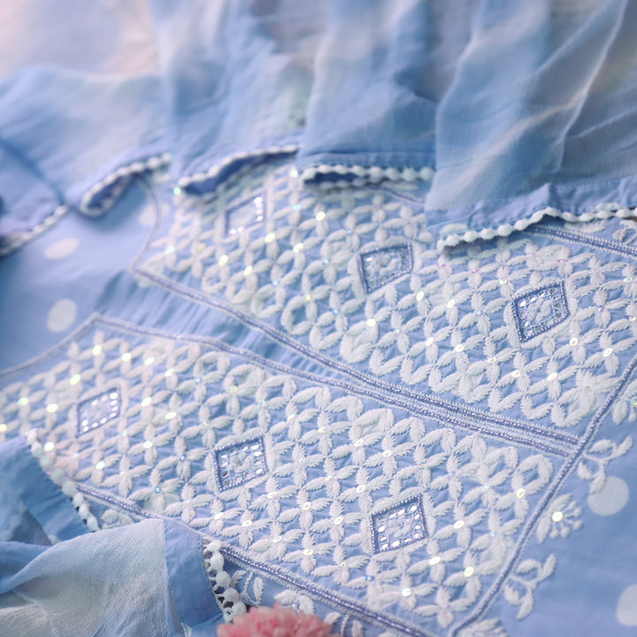 Apurav Cobalt Blue Chikankari inspired with Kardana Work Cotton Suit Set