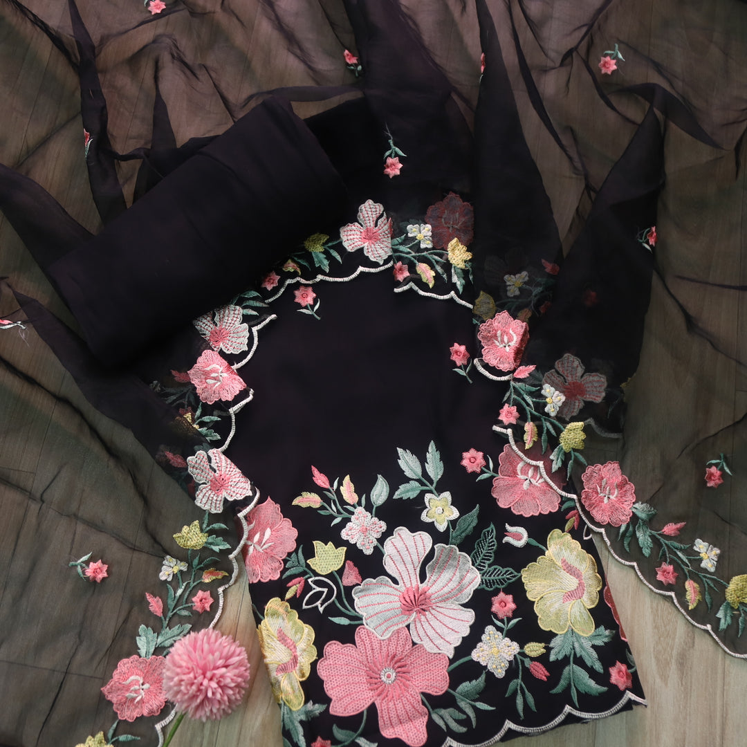 Ada Paint Black with Cut Work Embroidered Hem Modal Suit Set