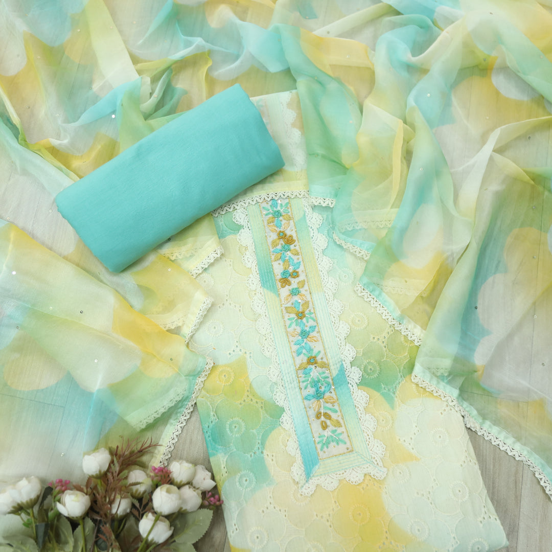 Diwani Aqua Blue Schiffli Work Lace Patch Work Printed Cotton Suit Set