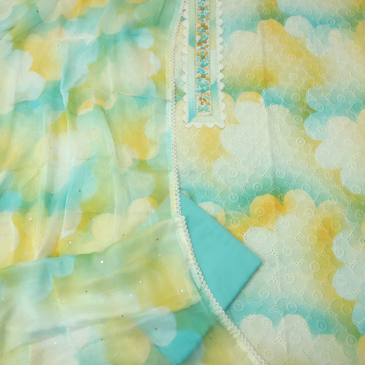 Diwani Aqua Blue Schiffli Work Lace Patch Work Printed Cotton Suit Set