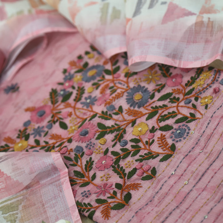 Zulfa Mauve Pink Digital Printed Kantha Embriodery Tissue Linen Suit Set