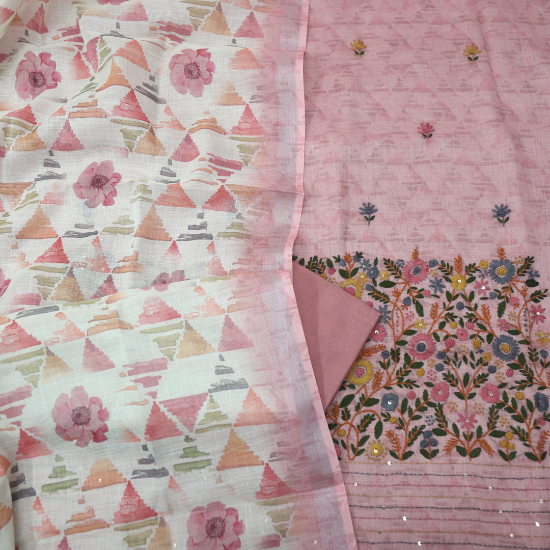 Zulfa Mauve Pink Digital Printed Kantha Embriodery Tissue Linen Suit Set
