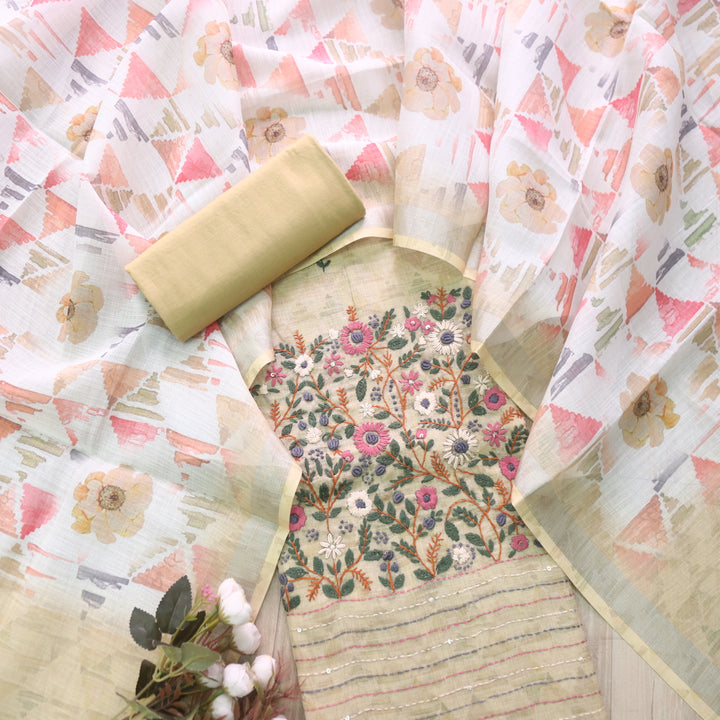 Zulfa Peanut Yellow Digital Printed Kantha Embriodery Tissue Linen Suit Set