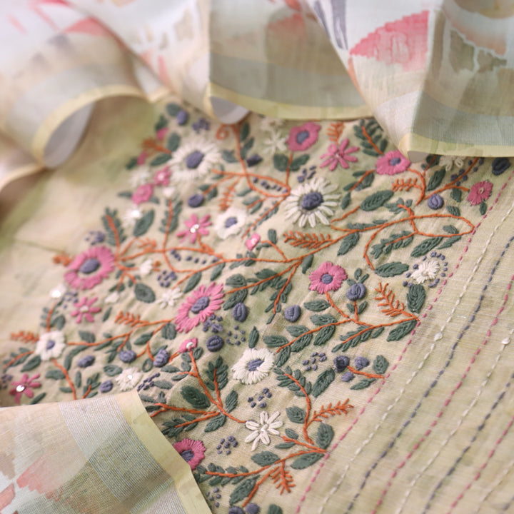 Zulfa Peanut Yellow Digital Printed Kantha Embriodery Tissue Linen Suit Set