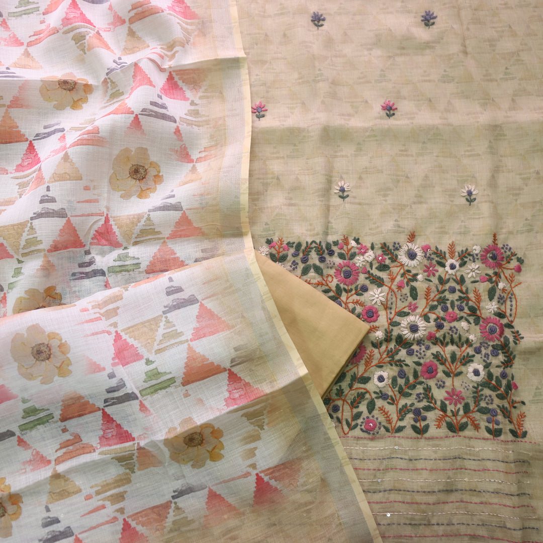 Zulfa Peanut Yellow Digital Printed Kantha Embriodery Tissue Linen Suit Set