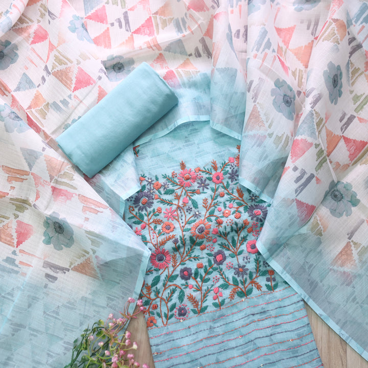 Zulfa Aqua Blue Digital Printed Kantha Embriodery Tissue Linen Suit Set
