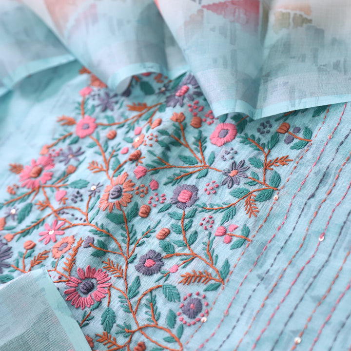 Zulfa Aqua Blue Digital Printed Kantha Embriodery Tissue Linen Suit Set