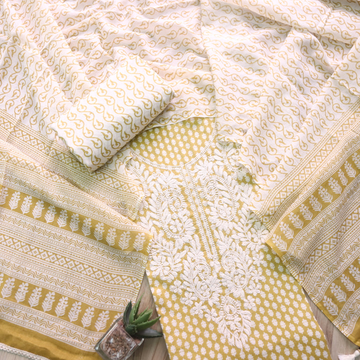 Apurav Sand Yellow Chikankari inspired Machine Neck Work Cotton Suit Set