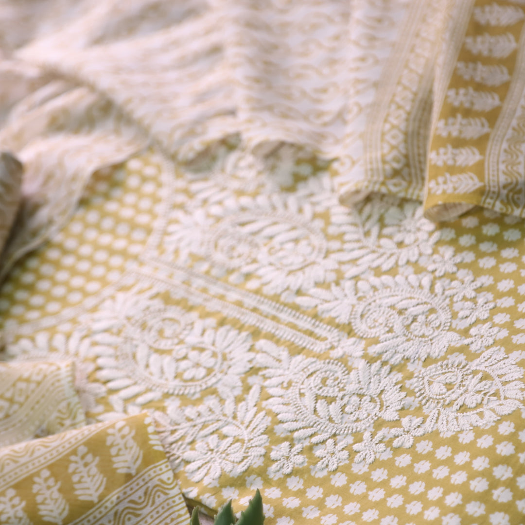 Apurav Sand Yellow Chikankari inspired Machine Neck Work Cotton Suit Set