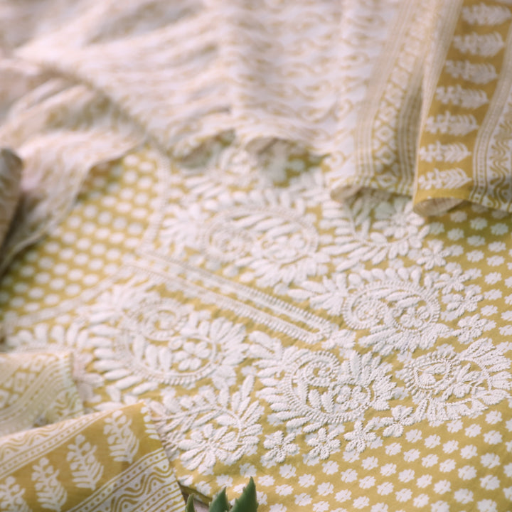 Apurav Sand Yellow Chikankari inspired Machine Neck Work Cotton Suit Set