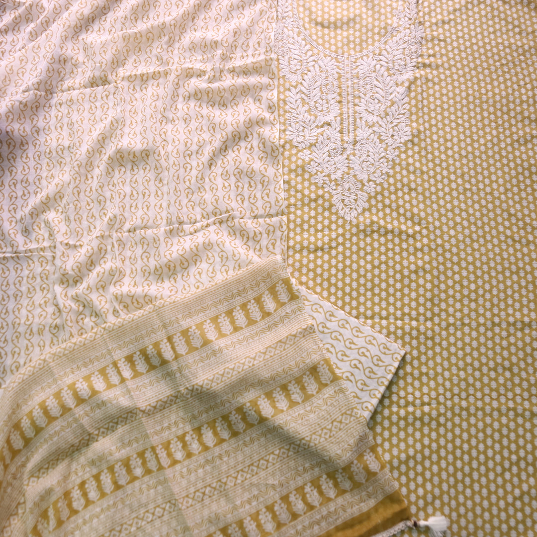 Apurav Sand Yellow Chikankari inspired Machine Neck Work Cotton Suit Set