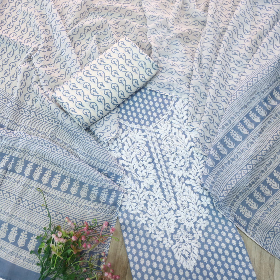 Apurav Cobalt Blue Chikankari inspired Machine Neck Work Cotton Suit Set