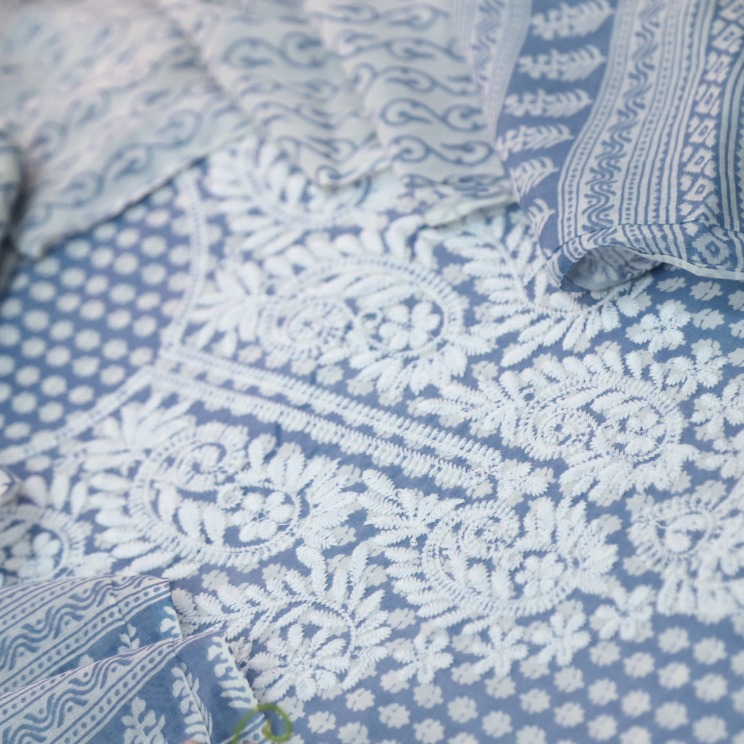 Apurav Cobalt Blue Chikankari inspired Machine Neck Work Cotton Suit Set