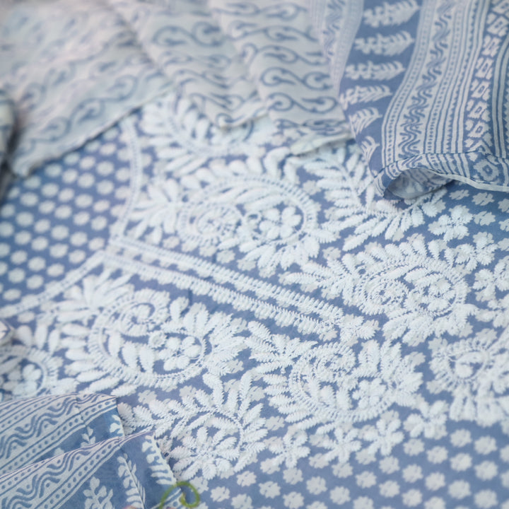 Apurav Cobalt Blue Chikankari inspired Machine Neck Work Cotton Suit Set