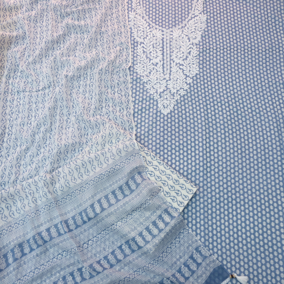 Apurav Cobalt Blue Chikankari inspired Machine Neck Work Cotton Suit Set