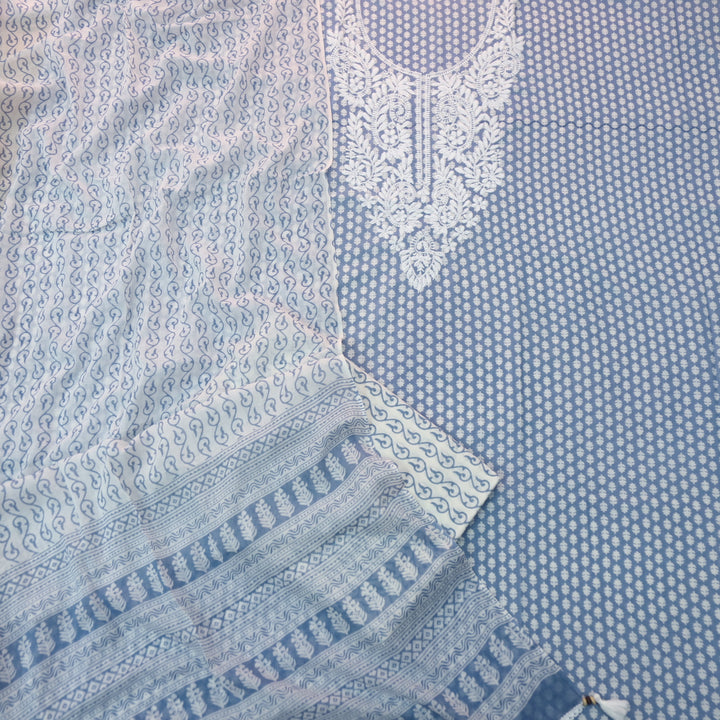 Apurav Cobalt Blue Chikankari inspired Machine Neck Work Cotton Suit Set