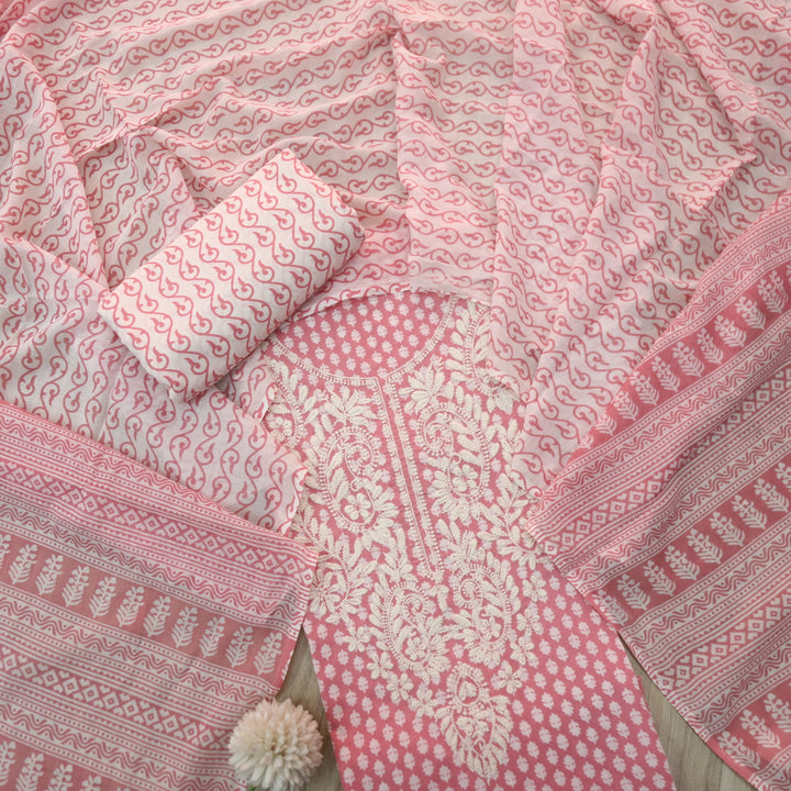 Apurav Baby Pink Chikankari inspired Machine Neck Work Cotton Suit Set