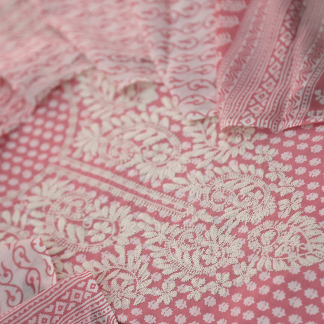 Apurav Baby Pink Chikankari inspired Machine Neck Work Cotton Suit Set