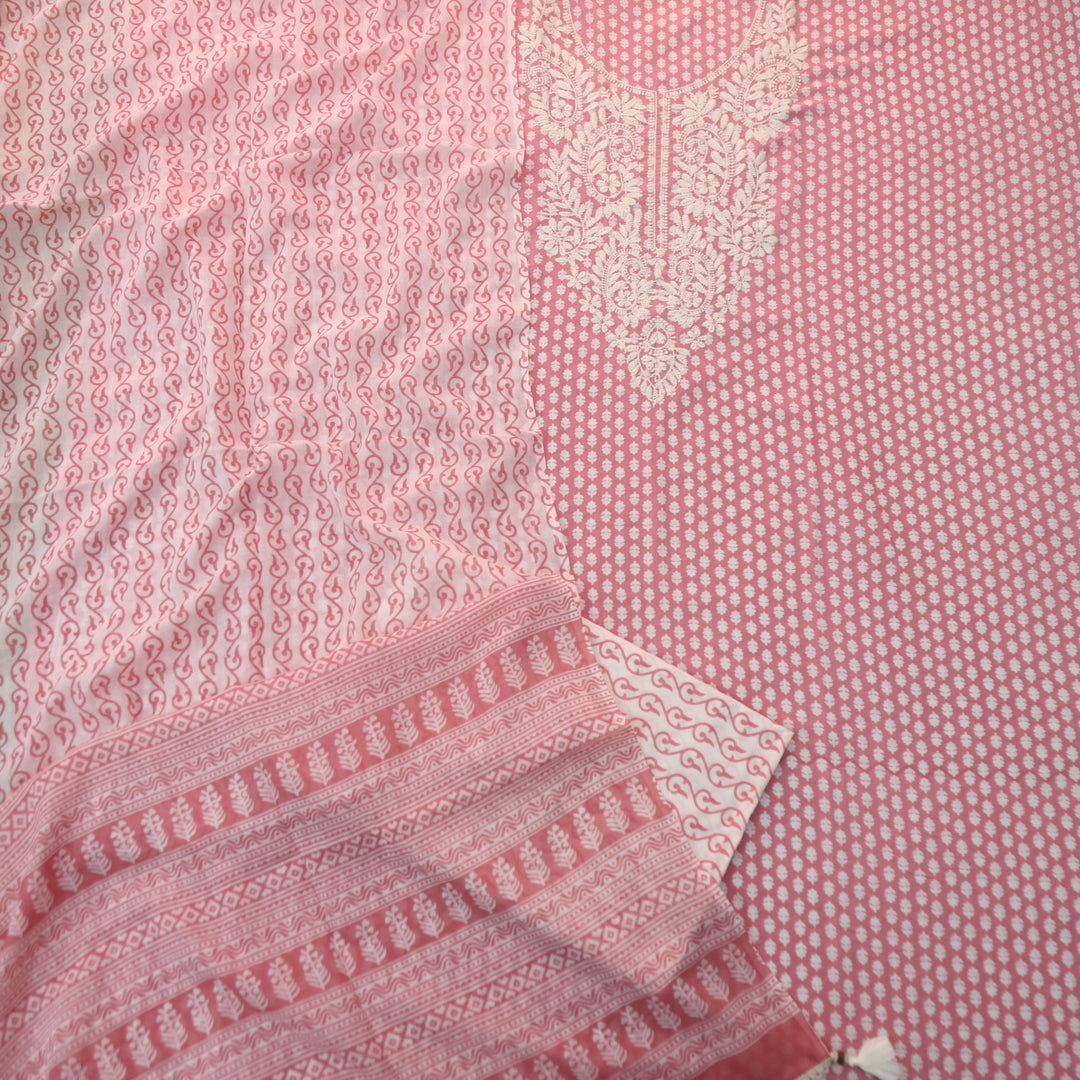 Apurav Baby Pink Chikankari inspired Machine Neck Work Cotton Suit Set