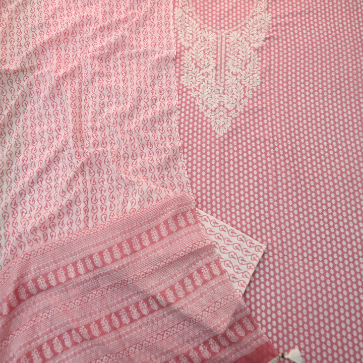 Apurav Baby Pink Chikankari inspired Machine Neck Work Cotton Suit Set