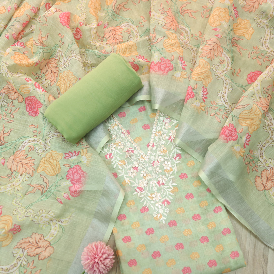 Himayati Mint Green Thread with Patra V Neck Floral Printed Cotton Linen set