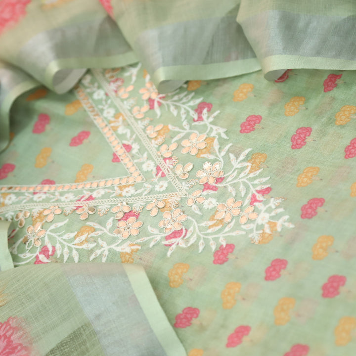 Himayati Mint Green Thread with Patra V Neck Floral Printed Cotton Linen set