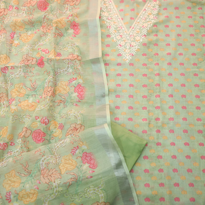 Himayati Mint Green Thread with Patra V Neck Floral Printed Cotton Linen set