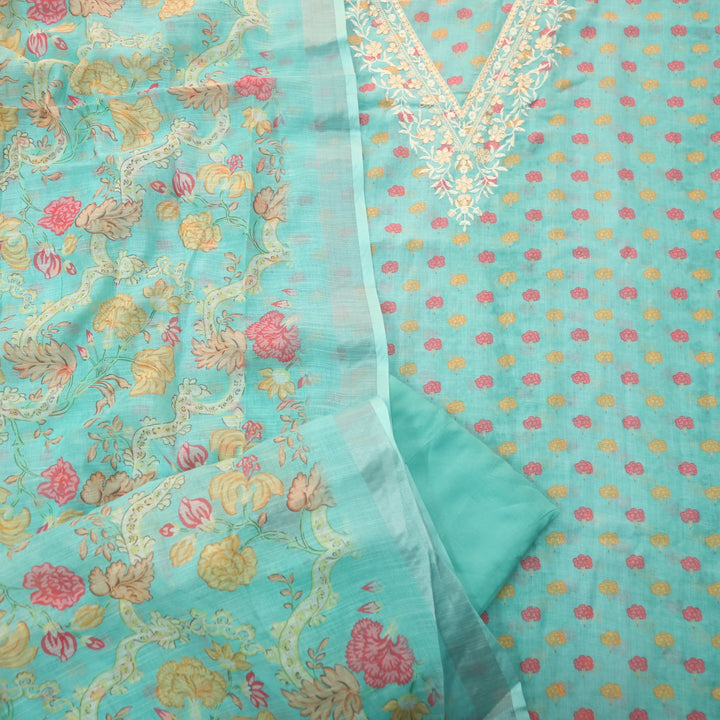 Himayati Aqua Blue Thread with Patra V Neck Floral Printed Cotton Linen set