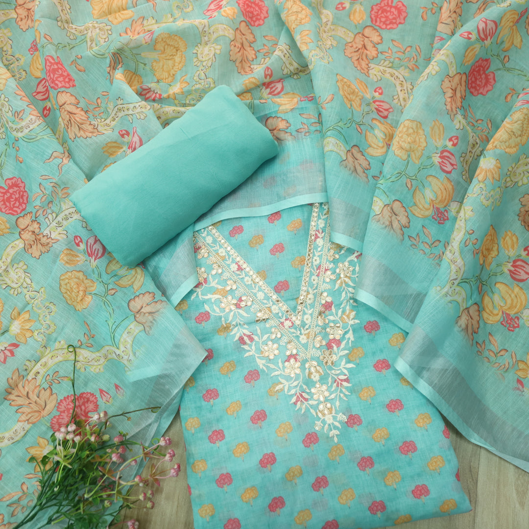 Himayati Aqua Blue Thread with Patra V Neck Floral Printed Cotton Linen set