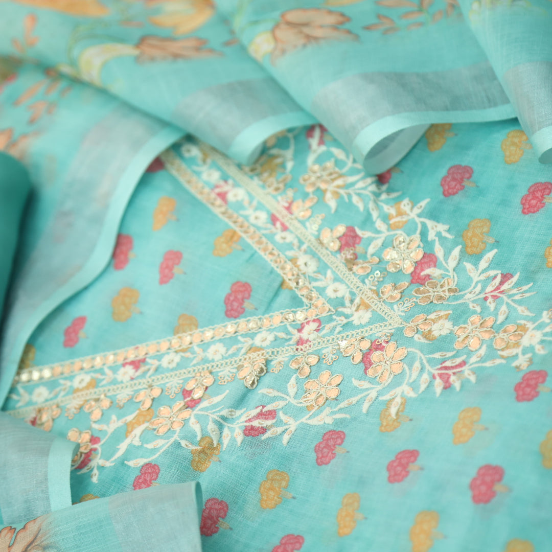 Himayati Aqua Blue Thread with Patra V Neck Floral Printed Cotton Linen set