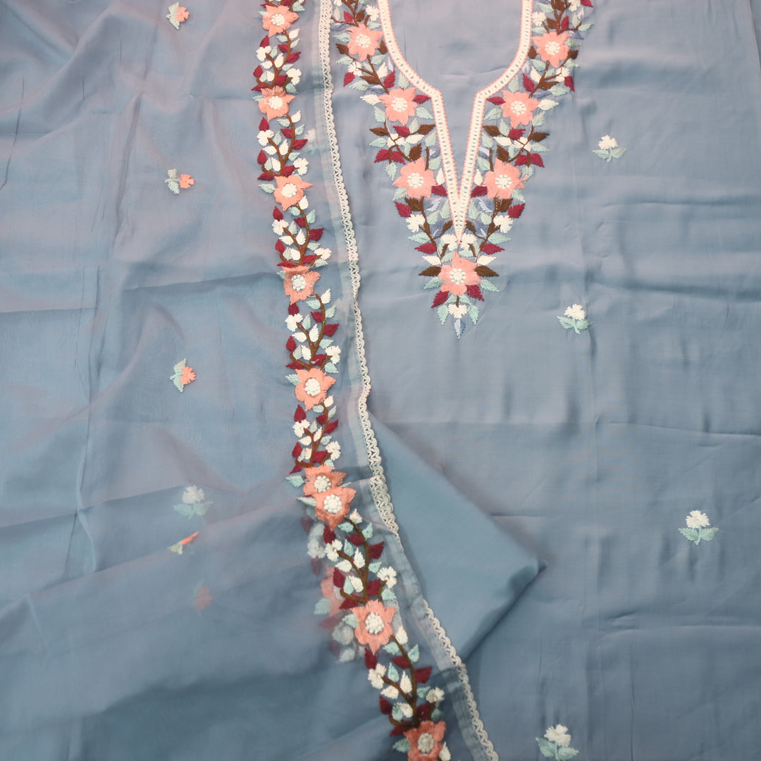 Riwayaat Pencil Grey Chikankari inspired Neck Work Modal Suit Set