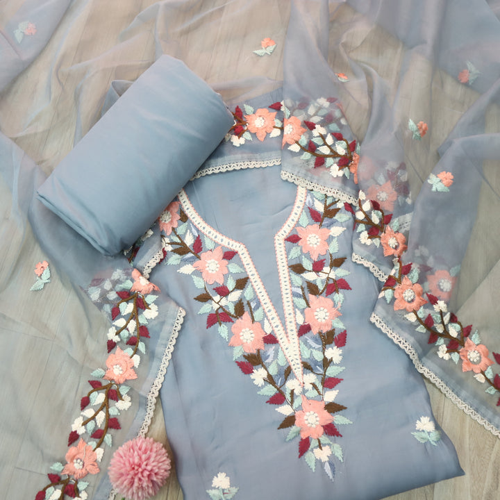 Riwayaat Pencil Grey Chikankari inspired Neck Work Modal Suit Set