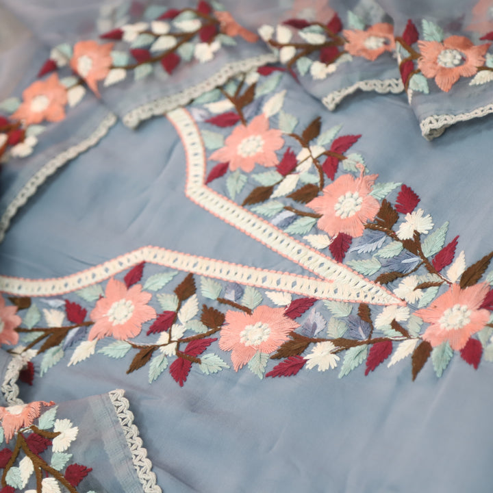 Riwayaat Pencil Grey Chikankari inspired Neck Work Modal Suit Set