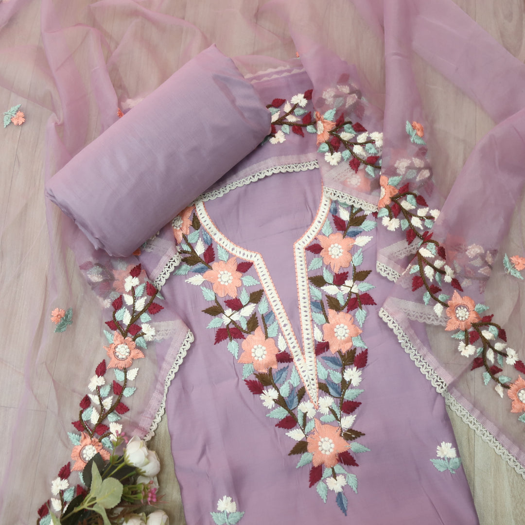 Riwayaat Lavish Lavender Chikankari inspired Neck Work Modal Suit Set