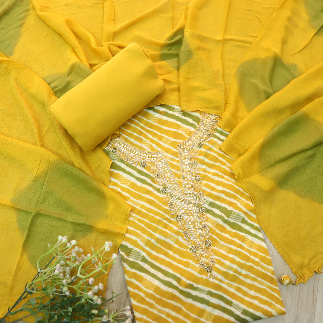 Leher Dijon Yellow Embellished Neck Work Leheriya Cotton Suit Set D1