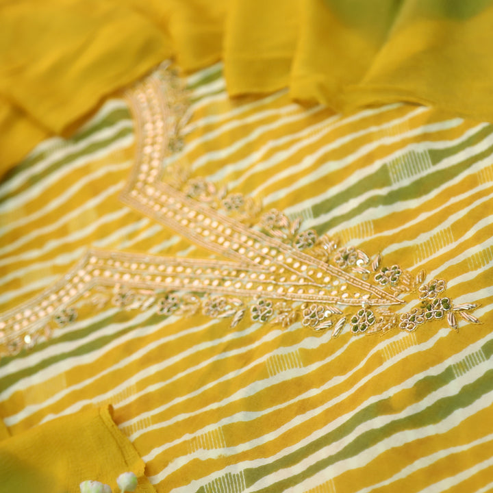 Leher Dijon Yellow Embellished Neck Work Leheriya Cotton Suit Set D1