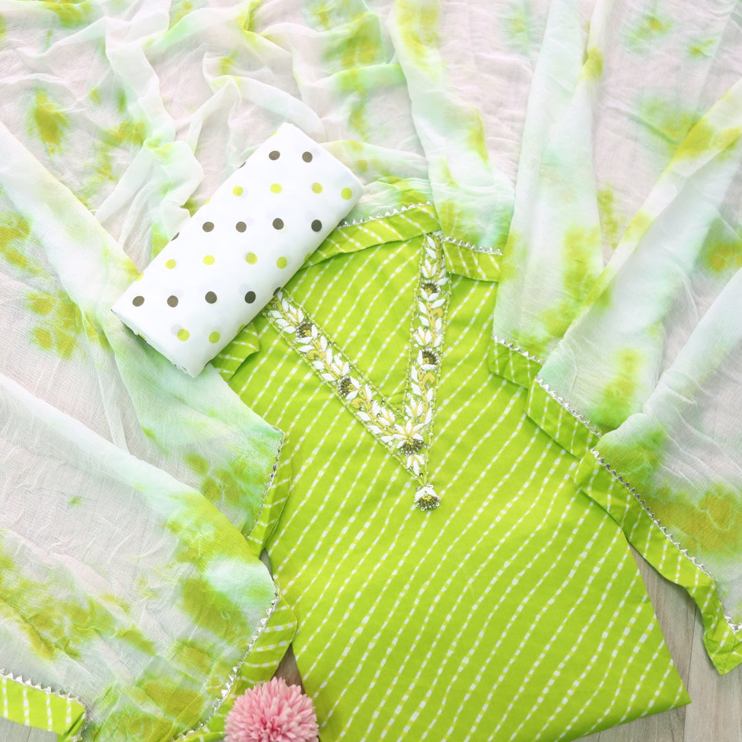 Rahi Neon Green V Neck Embriodered Work In leheriya Print Cotton Suit Set