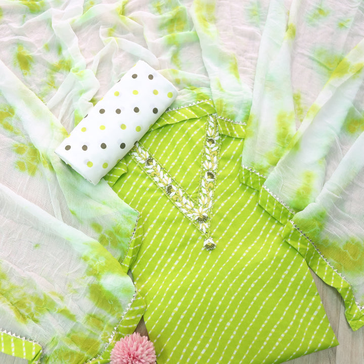 Rahi Neon Green V Neck Embriodered Work In leheriya Print Cotton Suit Set