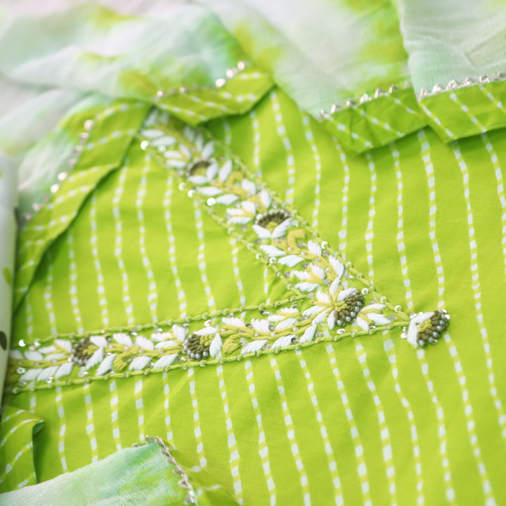 Rahi Neon Green V Neck Embriodered Work In leheriya Print Cotton Suit Set