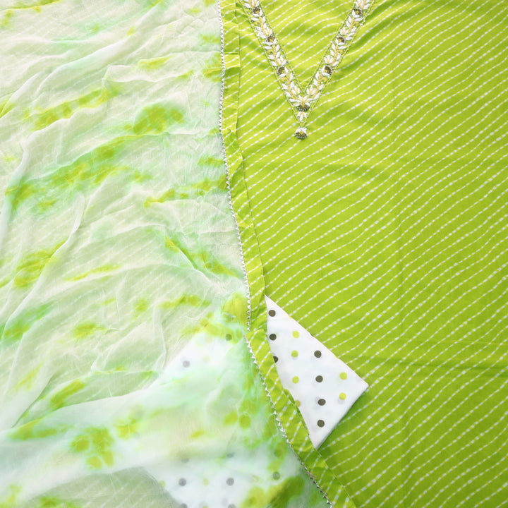Rahi Neon Green V Neck Embriodered Work In leheriya Print Cotton Suit Set