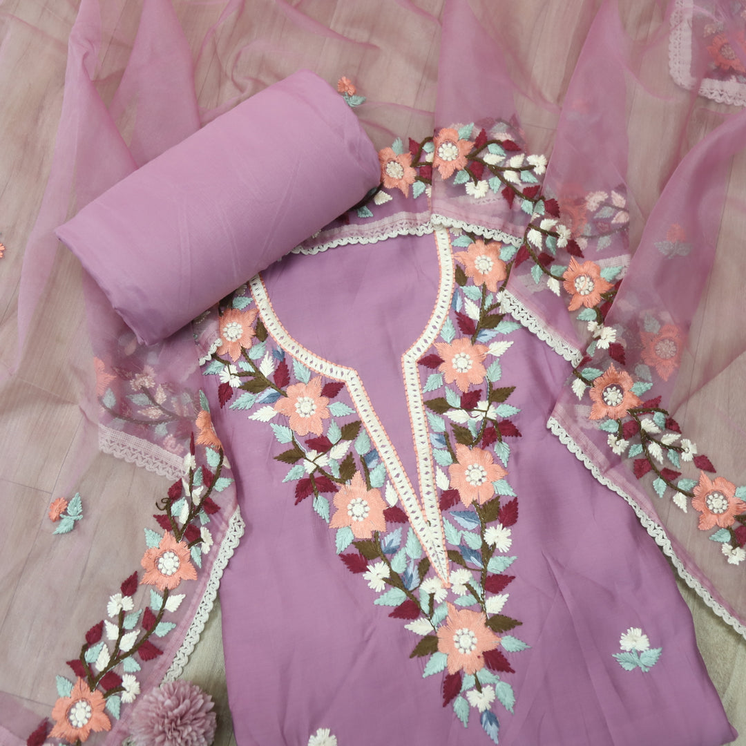 Riwayaat Mauve Lilac Chikankari inspired Neck Work Modal Suit Set
