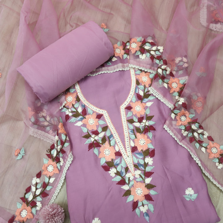 Riwayaat Mauve Lilac Chikankari inspired Neck Work Modal Suit Set
