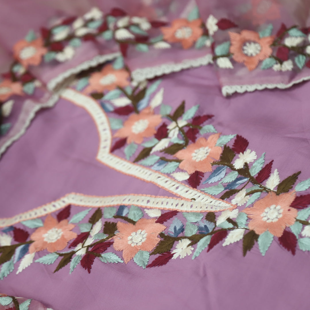 Riwayaat Mauve Lilac Chikankari inspired Neck Work Modal Suit Set